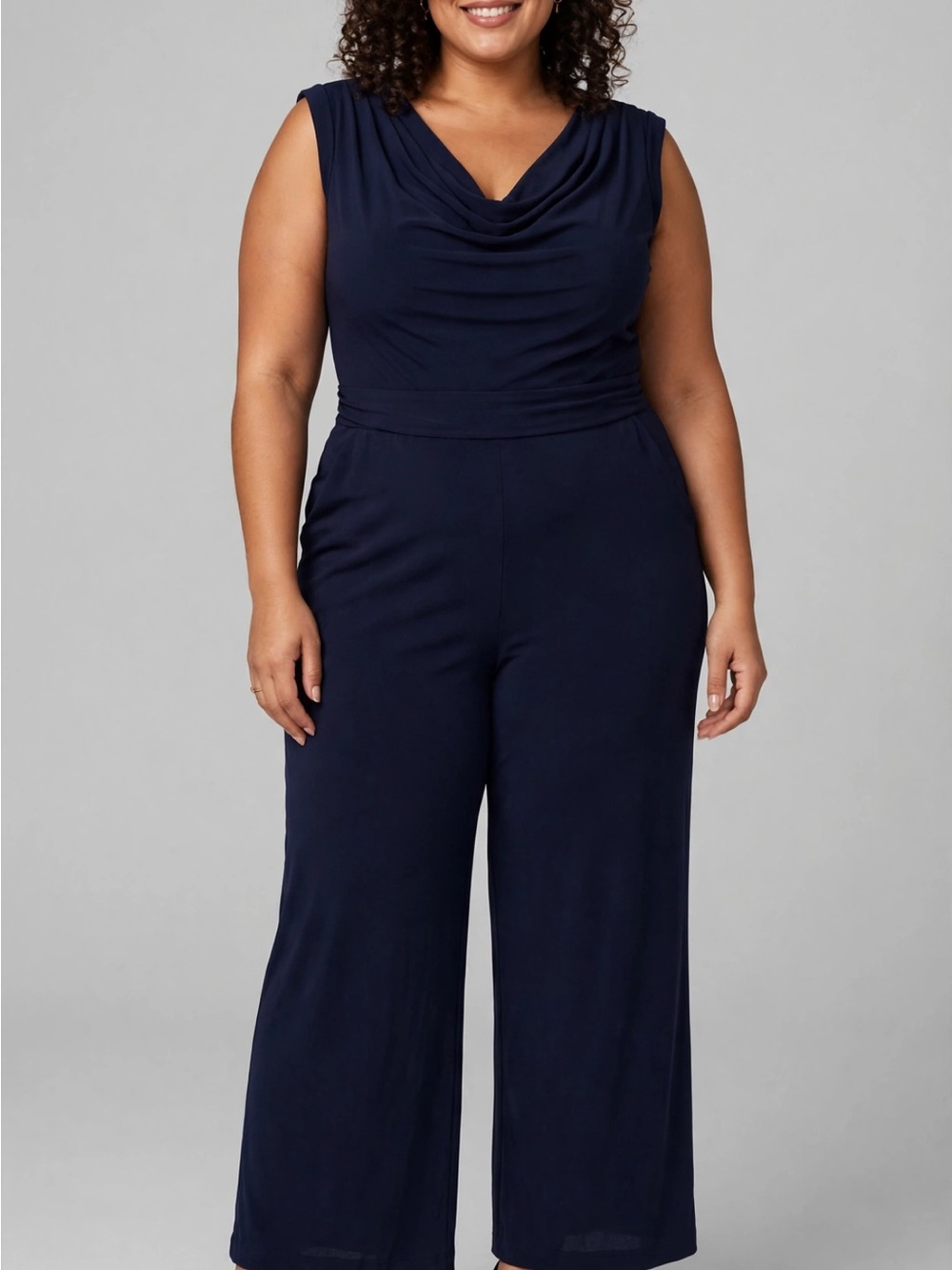 Beige by eci Navy Sleeveless Cowl-Neck Wide-Leg Jumpsuit
